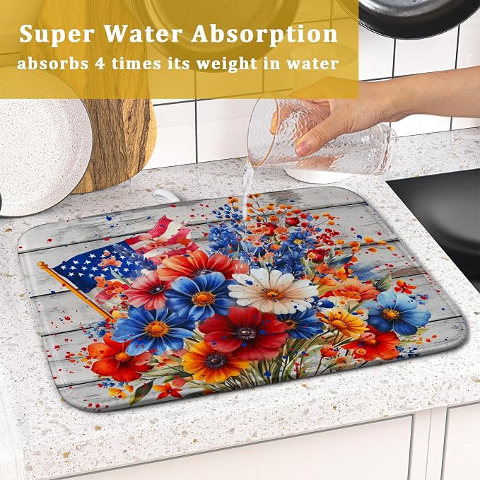 4th of July Dish Drying Mat 16x18 inch Patriotic Floral Fast Dry Microfiber - Image 7