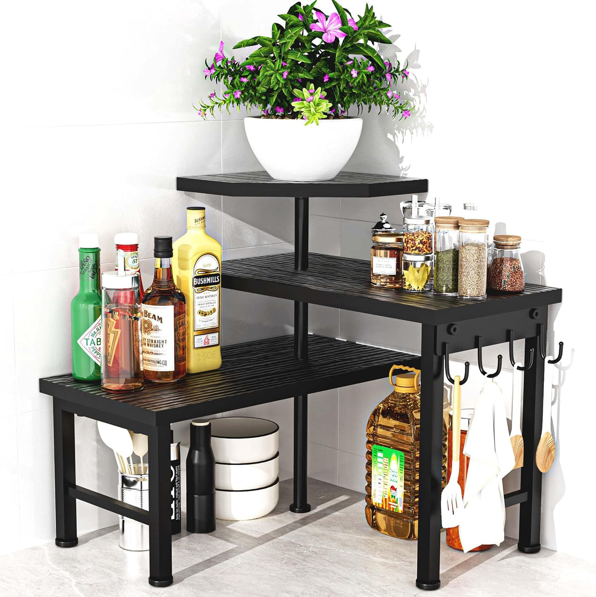 Counter Organizer Shelf, 3 Tier Moveable Black Corner Shelf Organizer