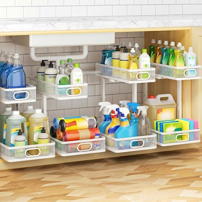 Under Sink Organizer 4-Pack, Metal 2-Tier Pull-Out Cabinet Shelf by AURIKAR