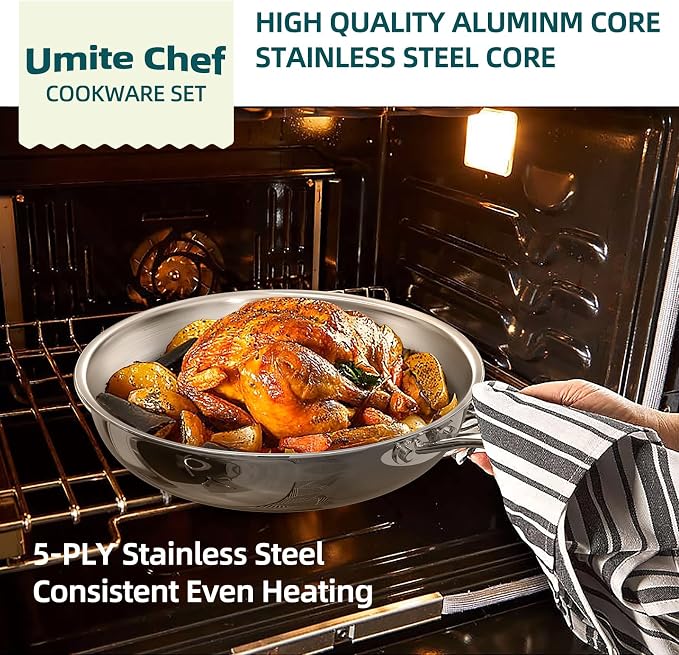Umite Chef Stainless Steel Cookware Set, 5 Ply 14 Piece Stainless Steel Pot and - Image 4