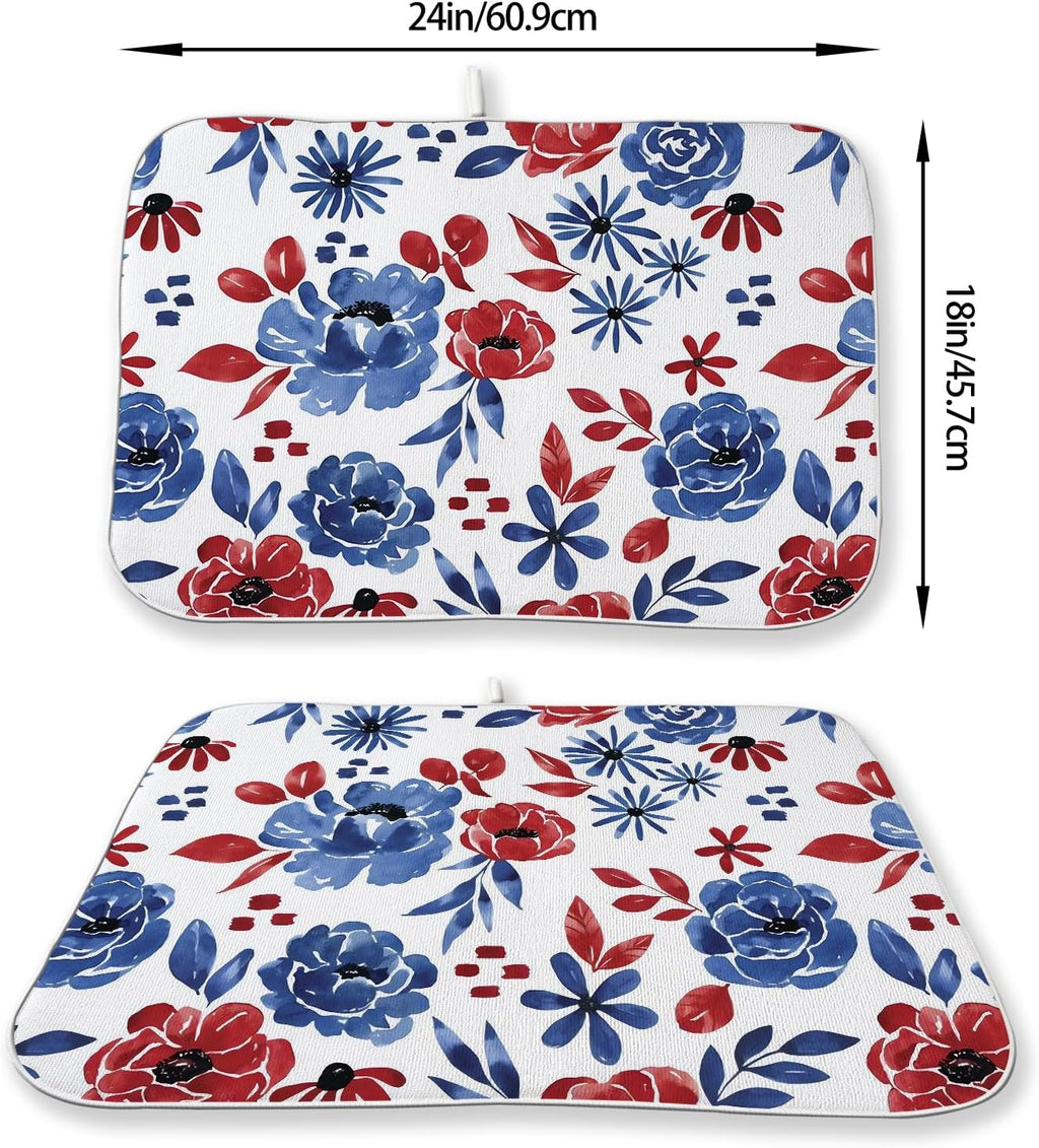Red Blue Floral Dish Drying Mat 18x24 Inch Vintage 4th of July Drying