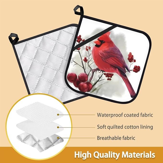 Christmas Cardinal Bird Pot Holder Set of 2, Heat Resistant Potholders Oven Hot - Image 3