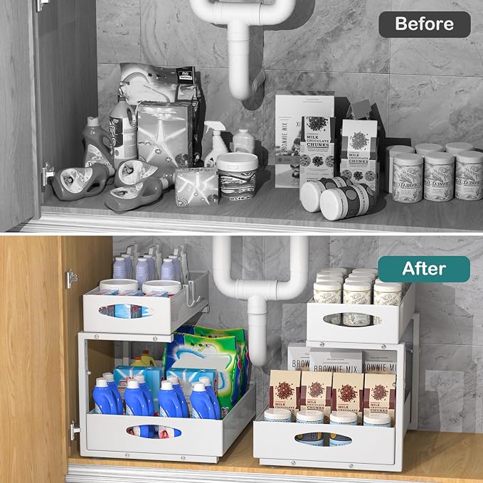 Housolution 2 Pack Large Under Sink Organizer, 2 Tier Metal Pull Out Under Sink - Image 3