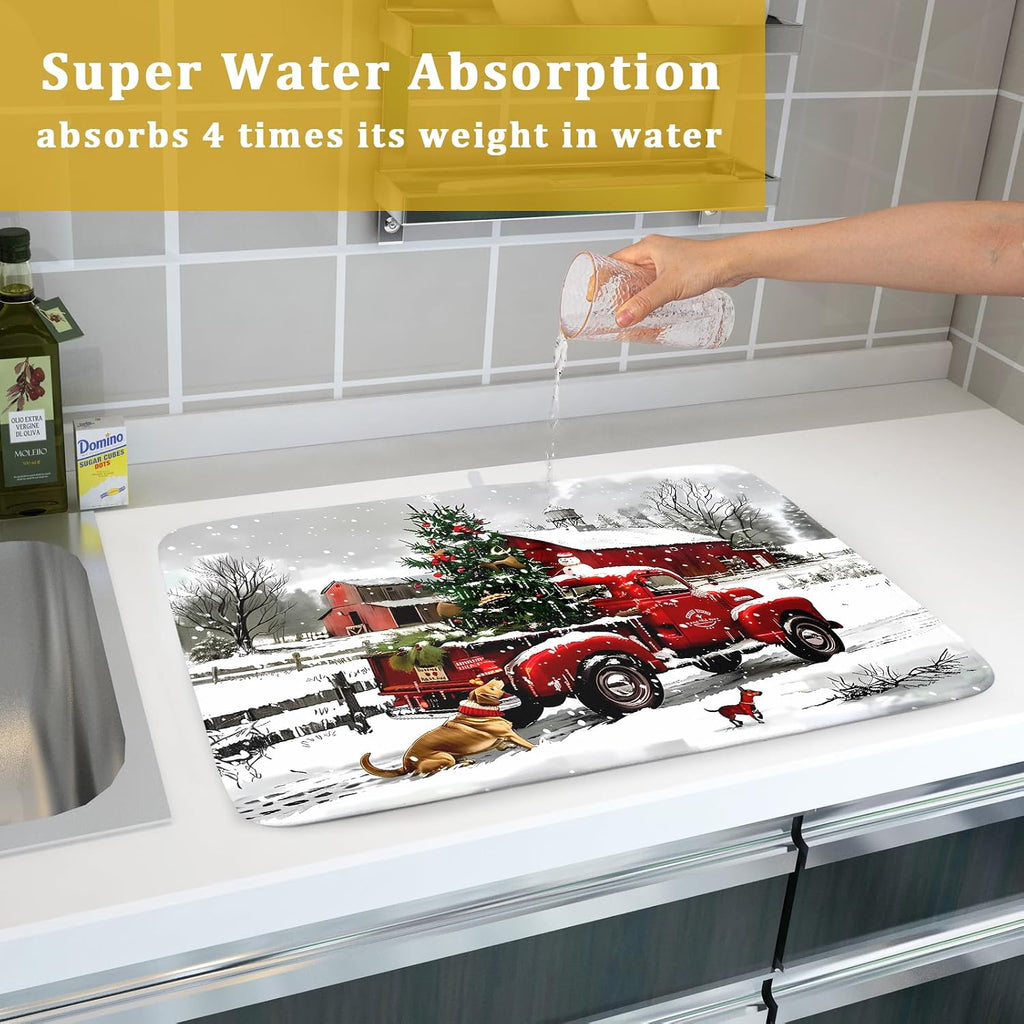 Red Truck Christmas Dish Drying Mat for Kitchen Counter 18x24 Inch