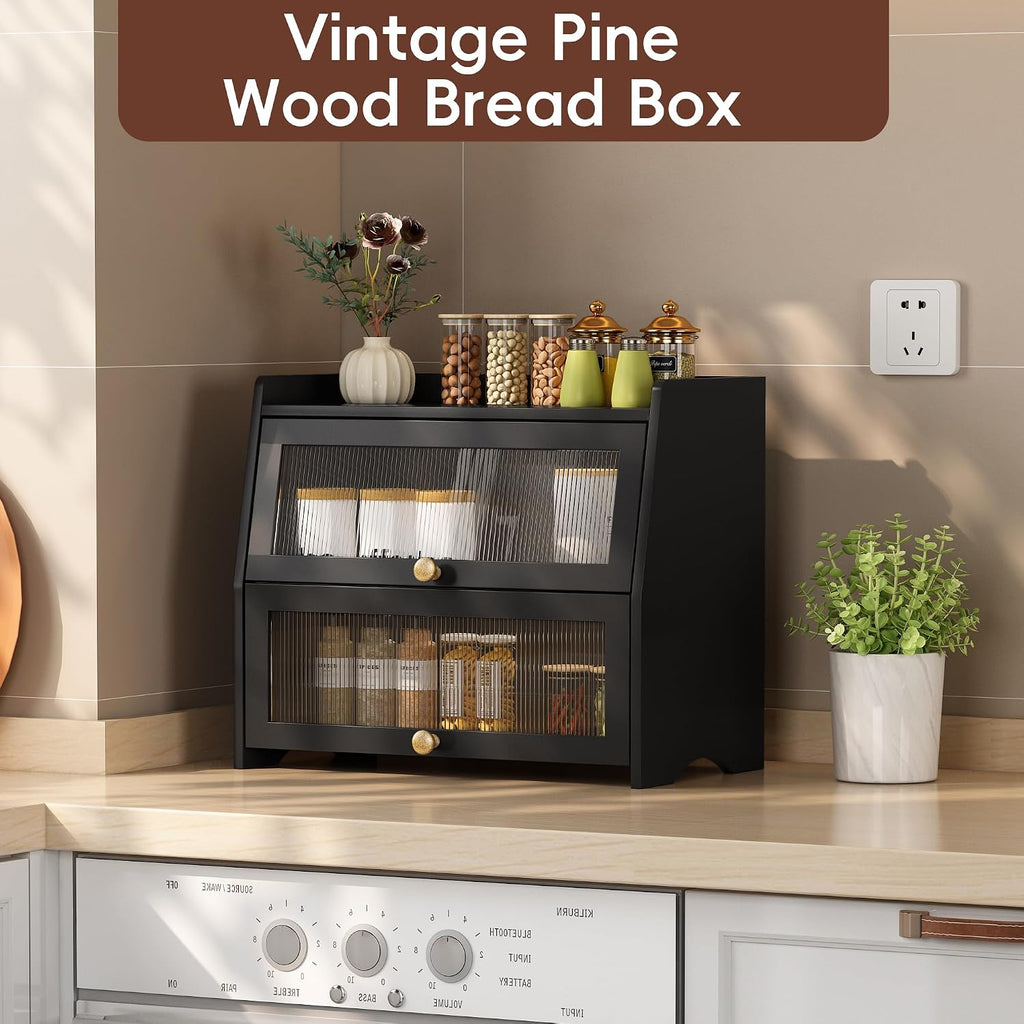 Bread Box for Kitchen Countertop, Double Layer Pine Wood Breadbox