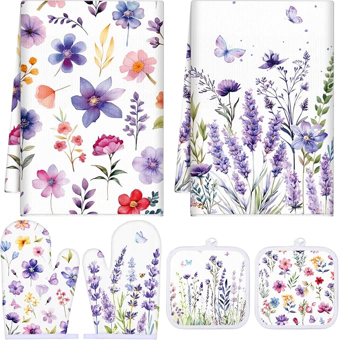 Spring Lavender Oven Mitts and Pot Holders Kitchen Dish Towels Set Purple by Sunnychicc