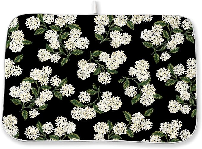 Black Dish Drying Mat 18x24 Inch Green Vintage Floral Hydrangea Flower Drying by DAFENA