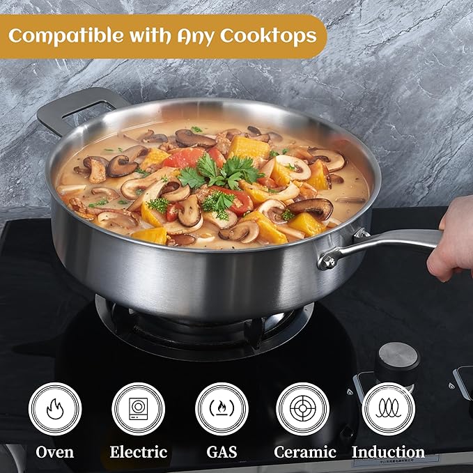 LOLYKITCH Sauté Pan, 7 QT Tri-Ply Stainless Steel Deep Cooking Pot, 12 Inch - Image 4
