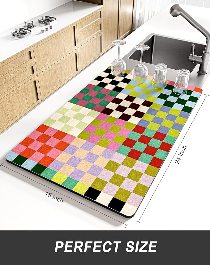 Rnivvi Dish Drying Mat for Kitchen Counter, XL 15 x 24" Cute Checkered - Image 2