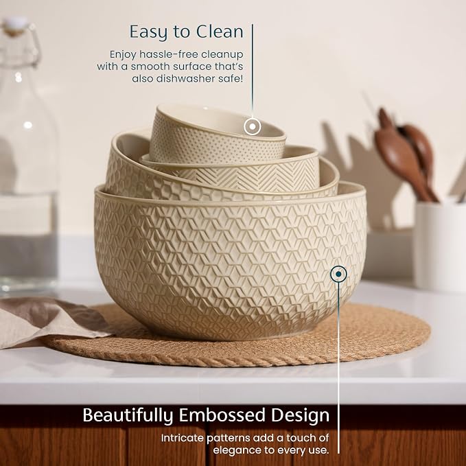 KooK Ceramic Mixing Bowls, Nesting Set of 4, Embossed Kitchen Dishware - Image 2
