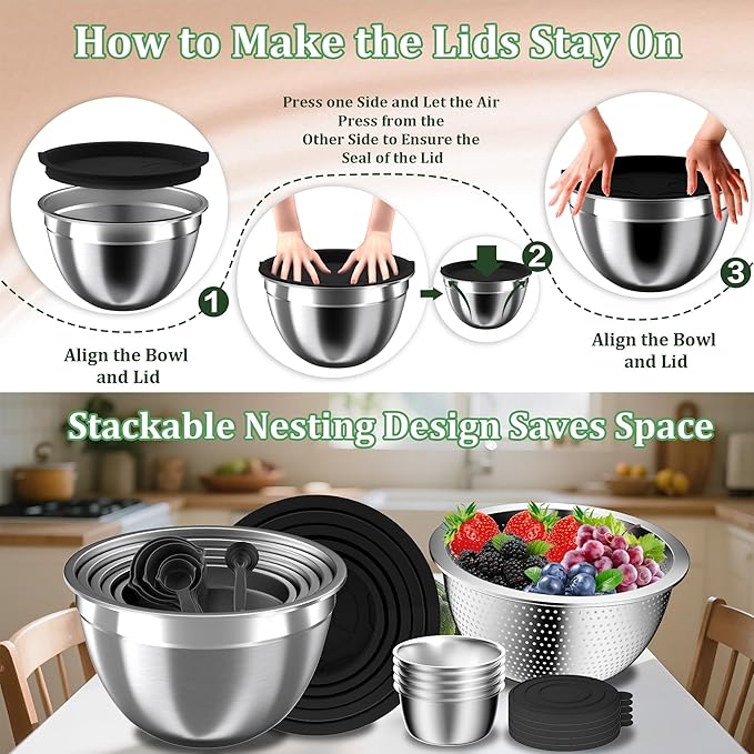 Mixing Bowls with Lids Set, Metal Salad Bowls with Colander, Grater & Dressing - Image 2