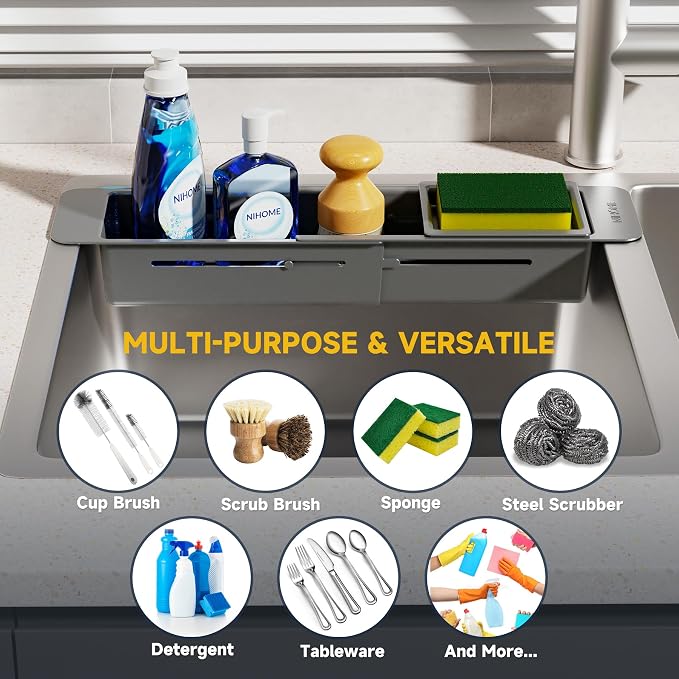 NiHome Extendable Over Sink Kitchen Organizer, Small Telescopic Brush Storage - Image 7