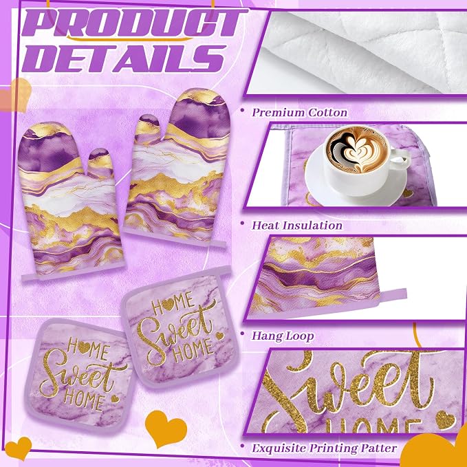 Bencailor Purple 6 Pcs Marble Kitchen Decor Gold Pot Holders Oven Mitts 2 Dish - Image 5