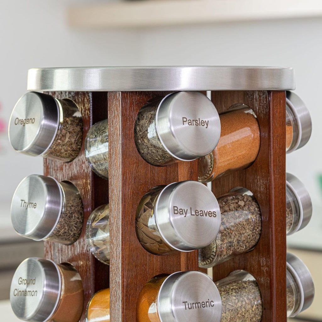 20 Jar Rotating Dark Acacia Wood Spice Rack with Spices Included &
