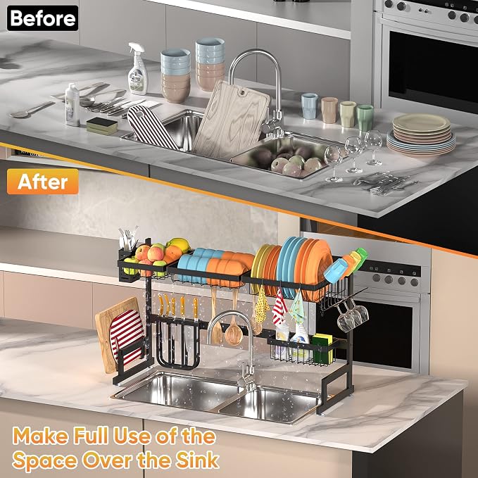PUSDON Over the Sink Dish Drying Rack, 2 Tier Adjustable Large Capacity - Image 2