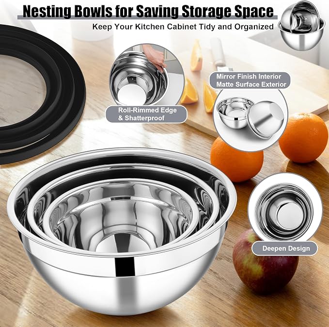 E-far Mixing Bowls with Lids and Graters, Stainless Steel Salad Mixing Bowl - Image 4