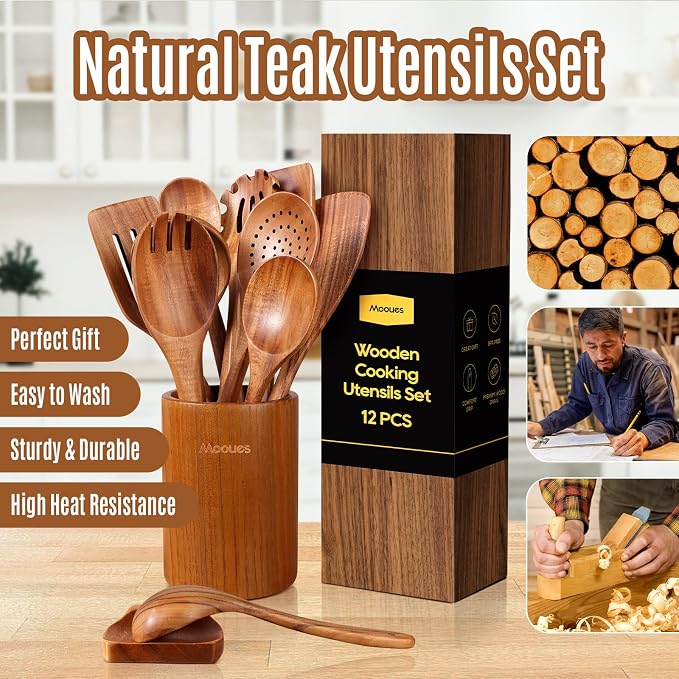 Wooden Spoons for Cooking, Comfortable Grip, Heat Resistant Cooking Utensils Set - Image 3