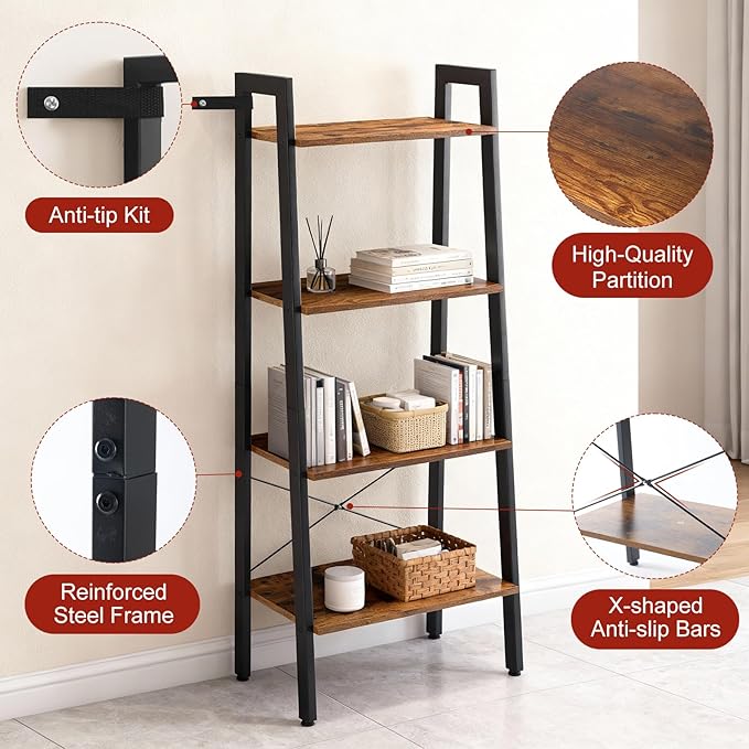 DUMOS Ladder Shelf, 4-Tier Display Bookshelf, Industrial Style Storage Standing - Image 4