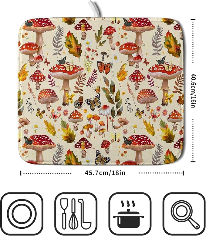 Forest Mushroom Dish Drying Mats Wild Plant Butterfly Kitchen Sink Rack Mats 16 - Image 2