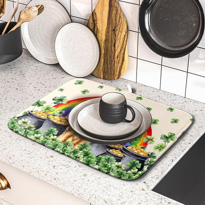 St Patricks Day Drying Mat Samll Lucky Clovers Green Kitchen Decor Counter Mats - Image 5