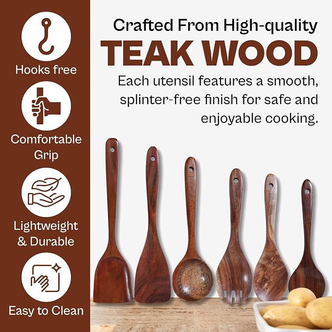 6-Piece Teak Wooden Cooking Utensils Set – Heat-Resistant Spoons & Spatulas | - Image 4