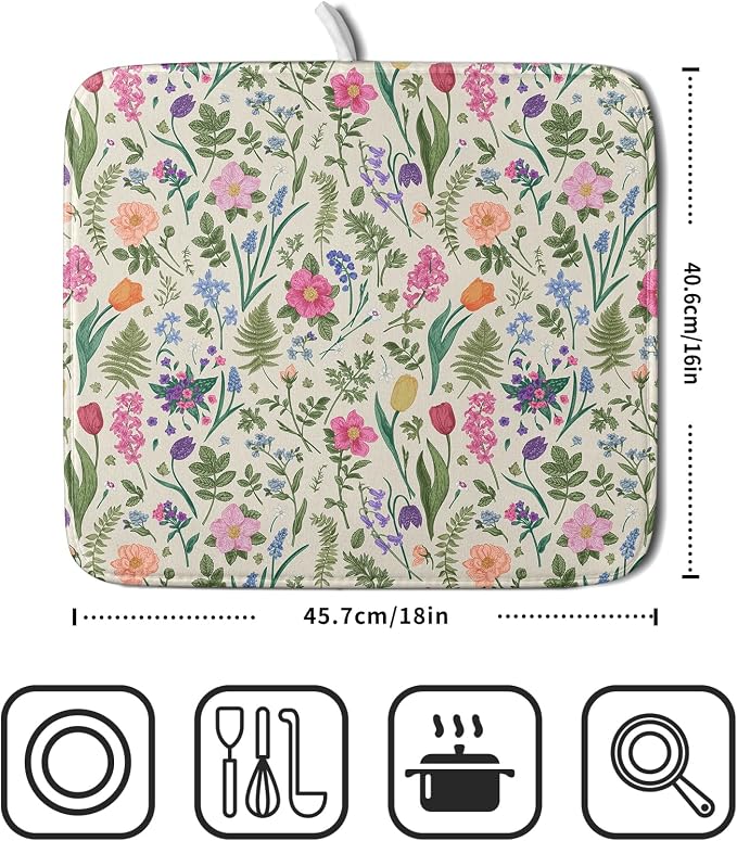 Spring Floral Dish Drying Mat for Kitchen Counter 16x18 Pink Sage Green Flower - Image 2