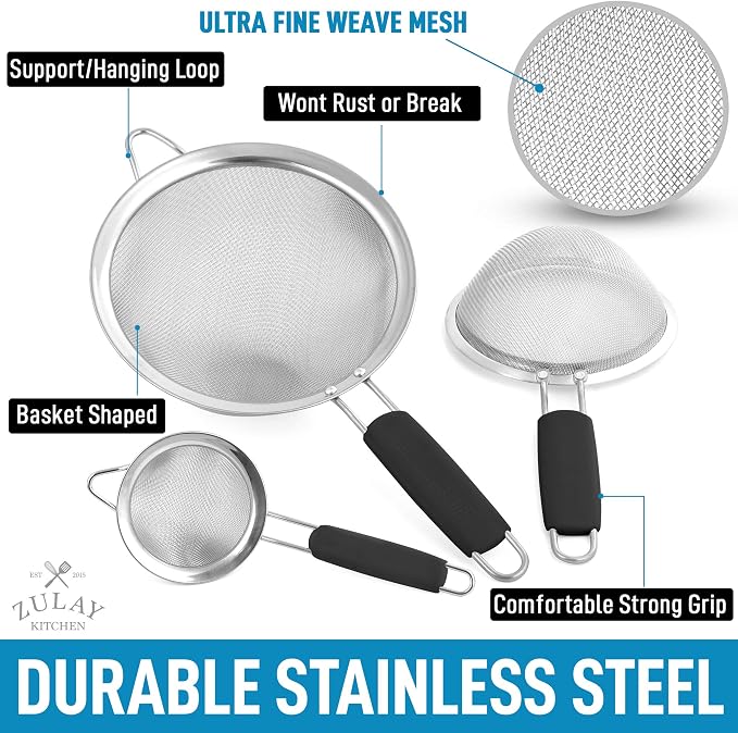 Zulay Kitchen Premium Stainless Steel Fine Mesh Strainer Set - Image 2