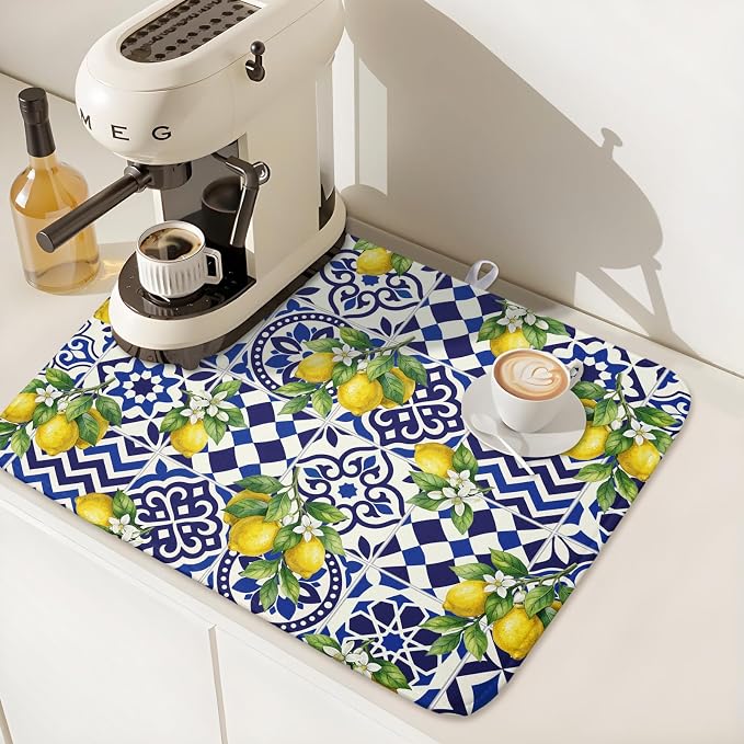 Lemon and Blue Tile Dish Drying Mat 16x18 Inch Absorbent Reversible Mexican - Image 7
