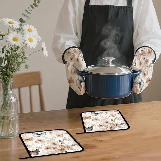 Butterfly Oven Mitts and Pot Holders, Boho Floral Flower Heat Resistant Oven - Image 7