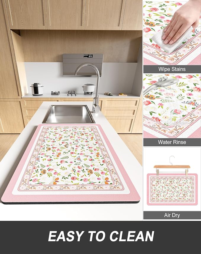 Rnivvi Dish Drying Mat for Kitchen Counter, XL 15 x 24" Cute Flower Theme - Image 6