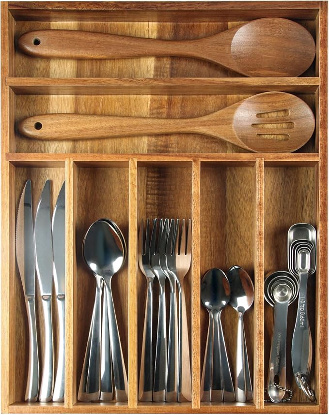 KITEISCAT Acacia Wood Silverware Organizer, Kitchen Utensil Drawer Organizer - Image 4