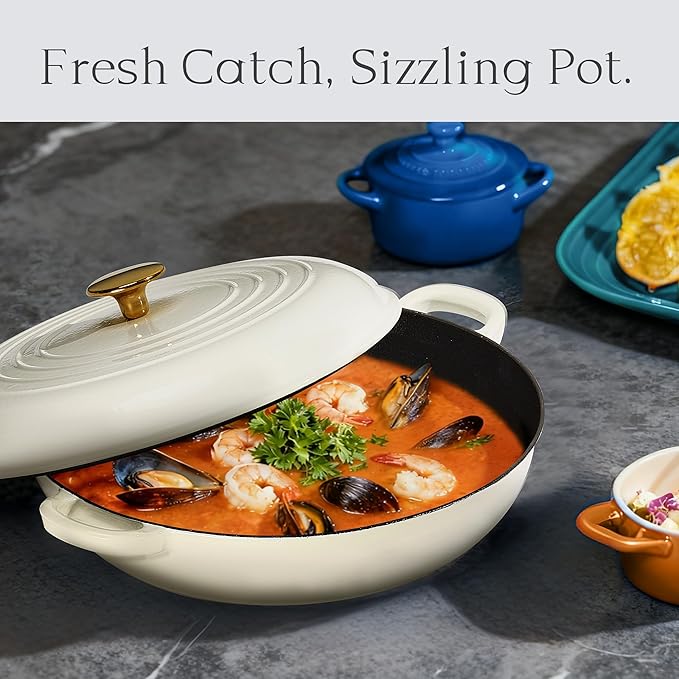 CAROTE 3.4QT Enameled Cast Iron Braiser Pan, Shallow Dutch Oven Casserole - Image 4