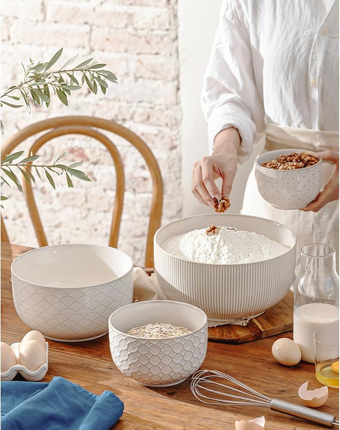 Mikiegy Ceramic Mixing Bowls Set of 4, Nesting Ceramic Embossment Stoneware - Image 3