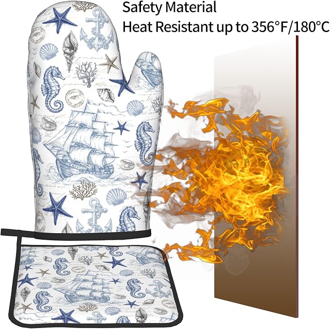Navy Blue Oven Mitts and Pot Holders Sets Summer Beach Starfish Seashell Oven - Image 5