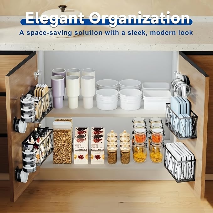 4 Pack Adhesive Cabinet Door Organizer, 2 Baskets + 2 Tumbler Lid Holders - Image 7