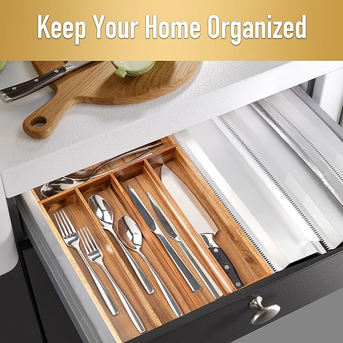 Besilord Silverware Organizer Kitchen Drawer Organizer Utensil Organizer Acacia - Image 3