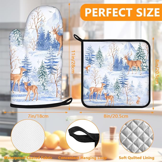 Deer Mitts and Pot Holders Sets 4Pcs, Extra Long Oven Gloves Potholder - Image 2
