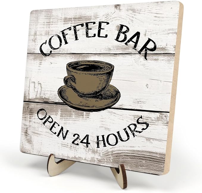 Coffee Bar Sign Plaque, Vintage Farmhouse Coffee Station Decor – 24 Hours Open by DMADNF