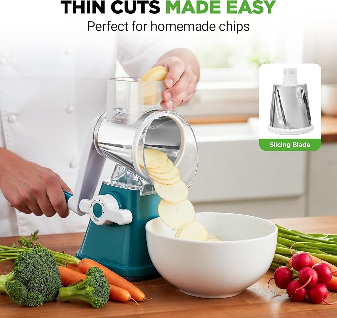 NutriChef 3 in 1 Cheese Grater & Shredder | Strong Suction Base, Rotary Handle - Image 6