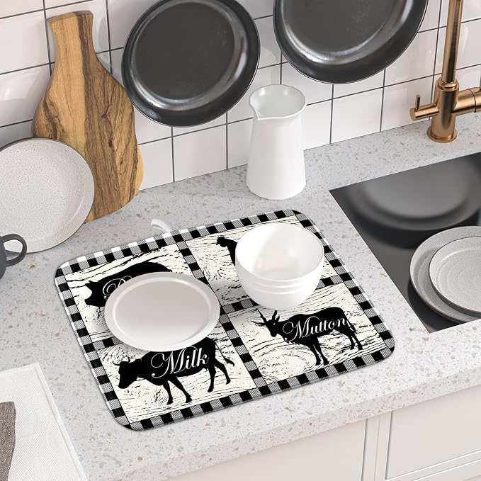 Farmhouse Animal Dish Drying Mat Buffalo Plaid Drainer Rack Mats Fast Dry - Image 6
