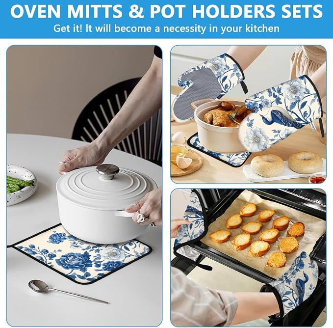 Blue Bird Blooming Flower Oven Mitts and Pot Holders Sets Heat Resistant 4Pcs - Image 6