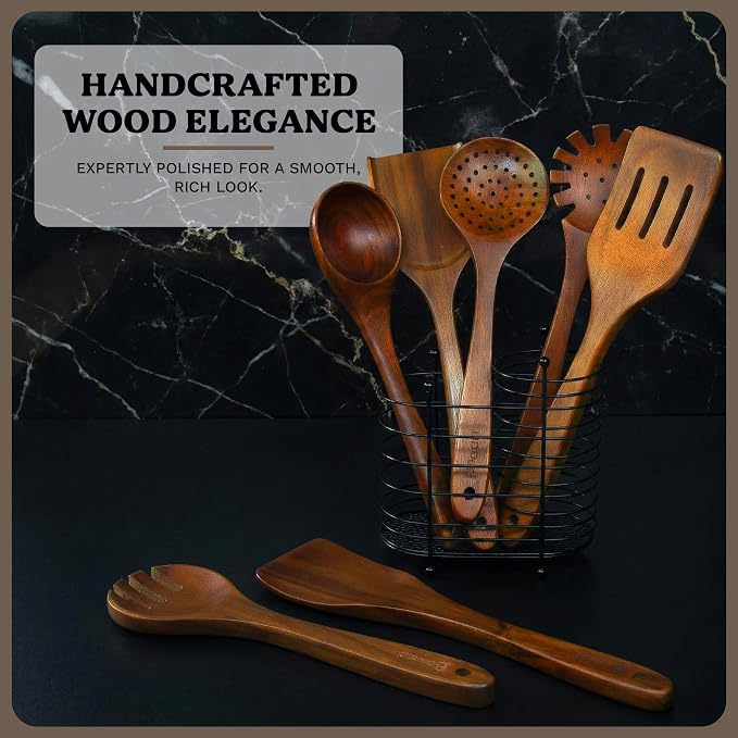 7Pcs Wooden Kitchen Utensil Set, Premium Natural Acacia Wood Cooking Utensils - Image 3
