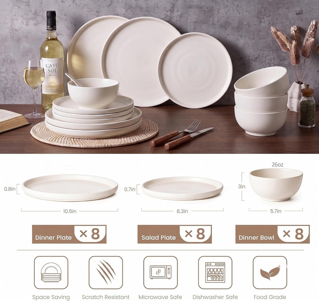 24 Piece Stoneware Dinnerware Sets, Ceramic Plates & Bowls Set for 8