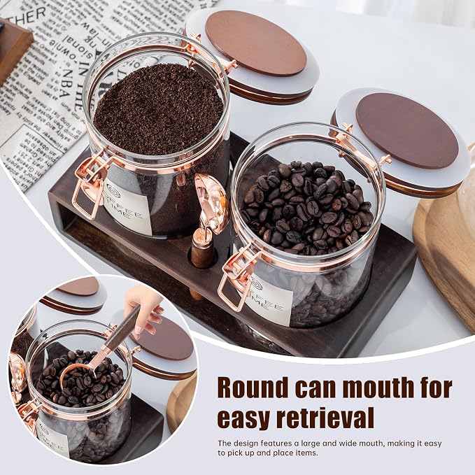 Glass Coffee Canister Set with Wooden Shelf, 2 Pack 45oz Airtight Food Storage - Image 5
