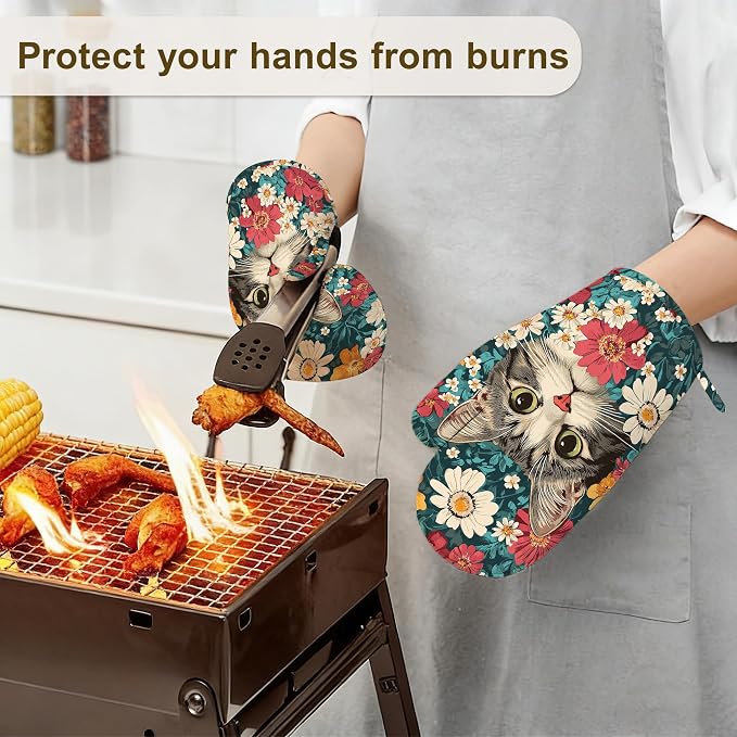 Cute Cat Oven Mitts and Pot Holders Set of 4, Blooming Colorful Flowers Kitchen - Image 6