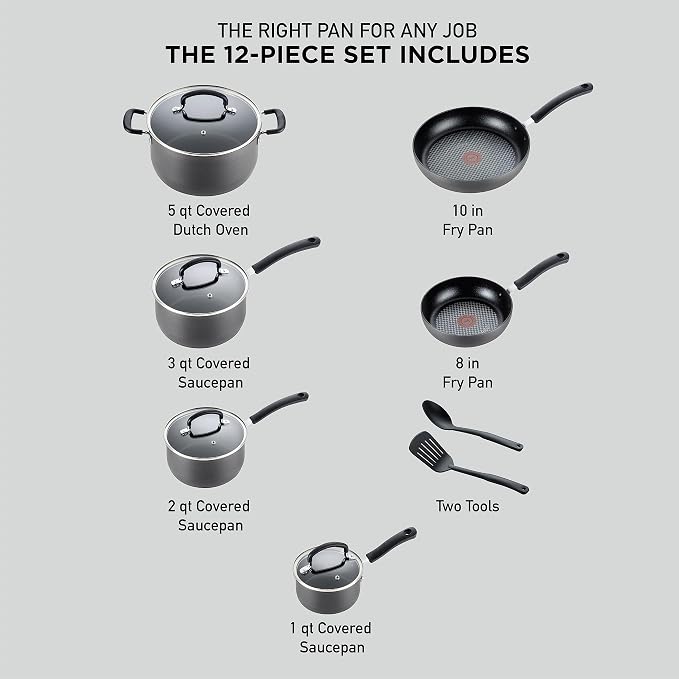 T-fal Ultimate Hard Anodized Nonstick Cookware Set 12 Piece, Oven Broiler Safe - Image 2