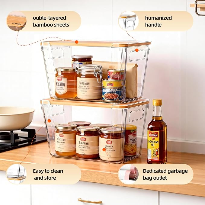 4 Pack Clear Storage Bins with Bamboo Lid, Garbage Bag Dispenser, Pantry - Image 5