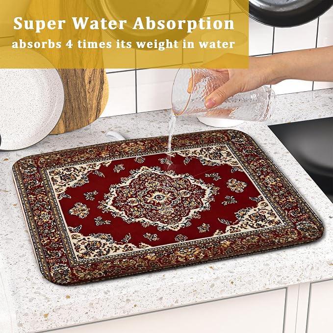 Giwawa Vintage Boho Dish Drying Mat Antique Tribal Rustic Red Floral Dish - Image 7