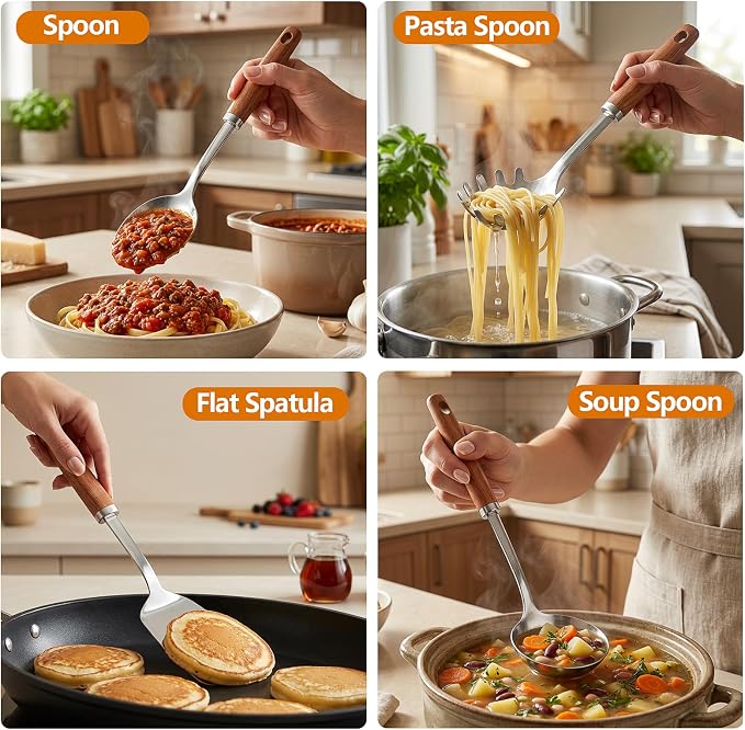 9PCS 18/8 Stainless Steel Kitchen Utensils Set, Heavy Duty Wooden Handle - Image 4