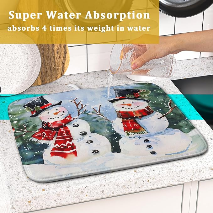 Winter Dish Drying Mat 16 x 18 Inch Xmas Snowman Pattern Dish Drying Pad - Image 7